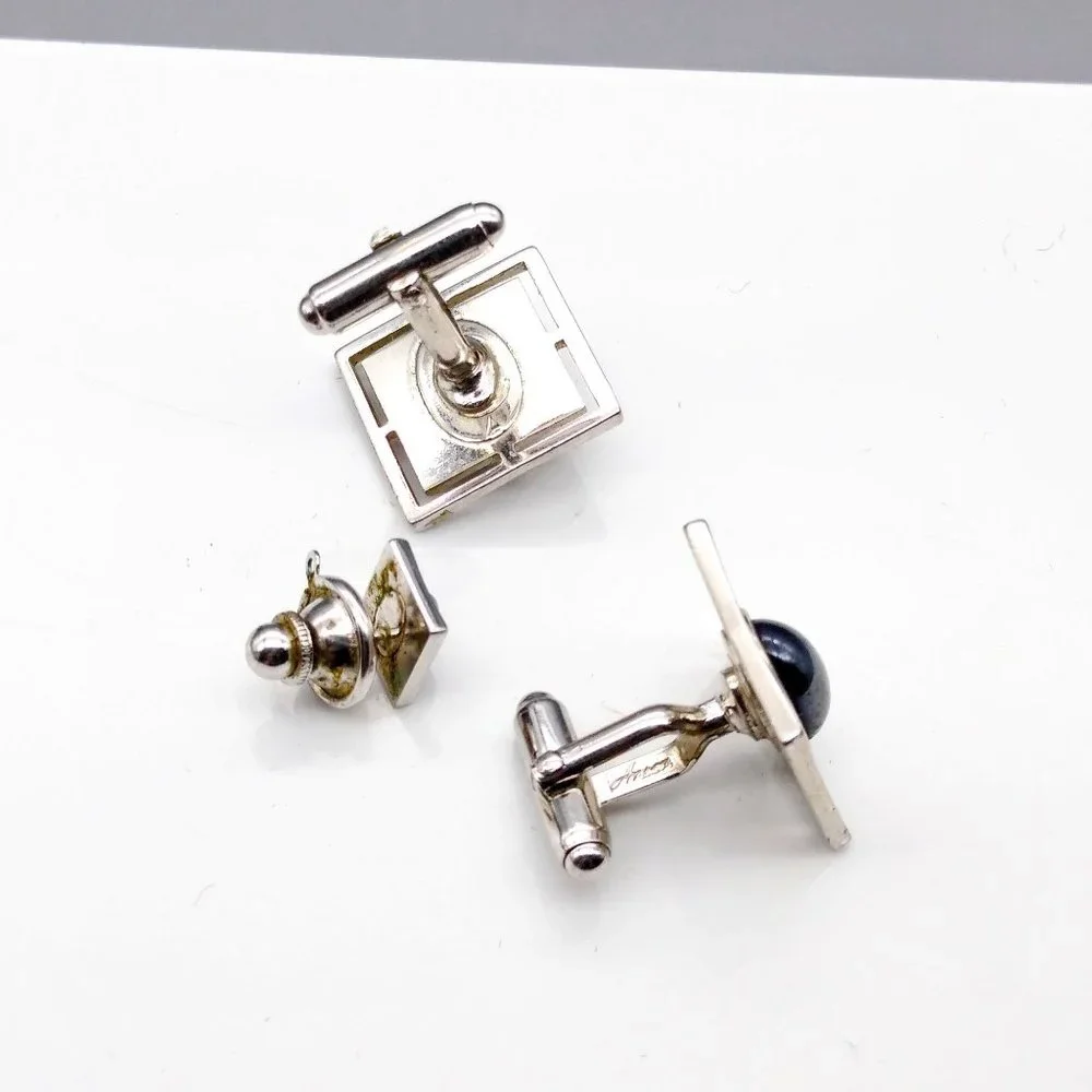 Vintage Anson Hematite Cuff Links and Tie Tack, Oval Cabochon Stone on Brushed